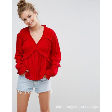 Collarless Ladies Blouse with Long Sleeve Blouse